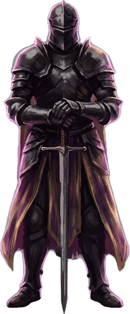 A knight in dark armour standing firm, hands on a sword